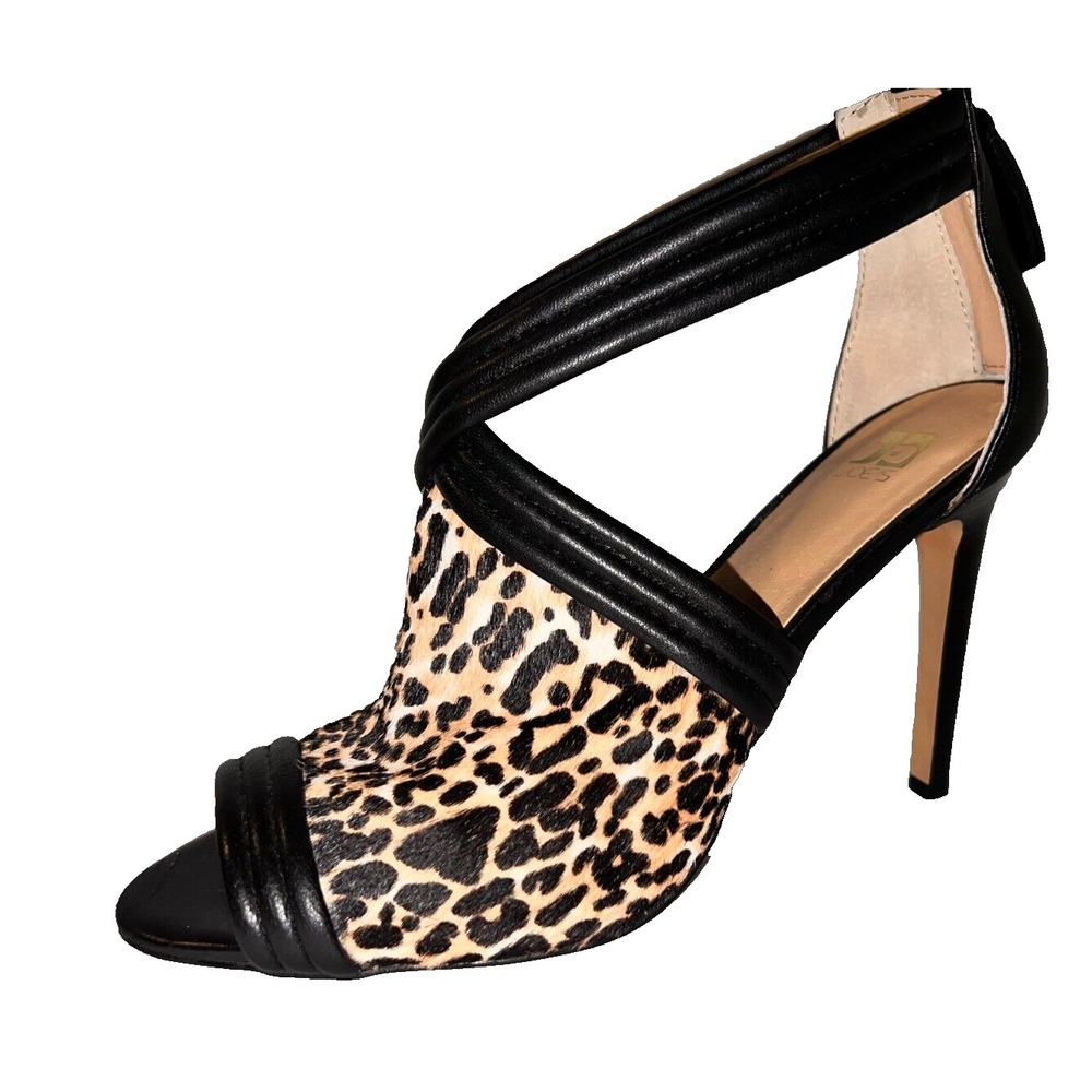 Joes Jeans Womens Leopard Print Calf Hair Leather Stiletto Peep Toe Heels Black